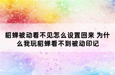 貂蝉被动看不见怎么设置回来 为什么我玩貂蝉看不到被动印记